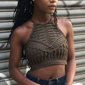 Olive Green Embroidered H&M Crop Top XS